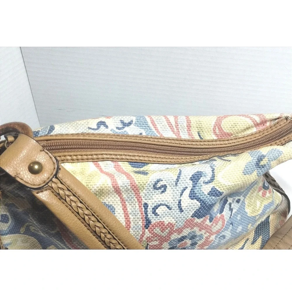 Fossil Genuine Classic 1954 Paisley Canvas Shoulder Bag Tan Leather Trim Boho